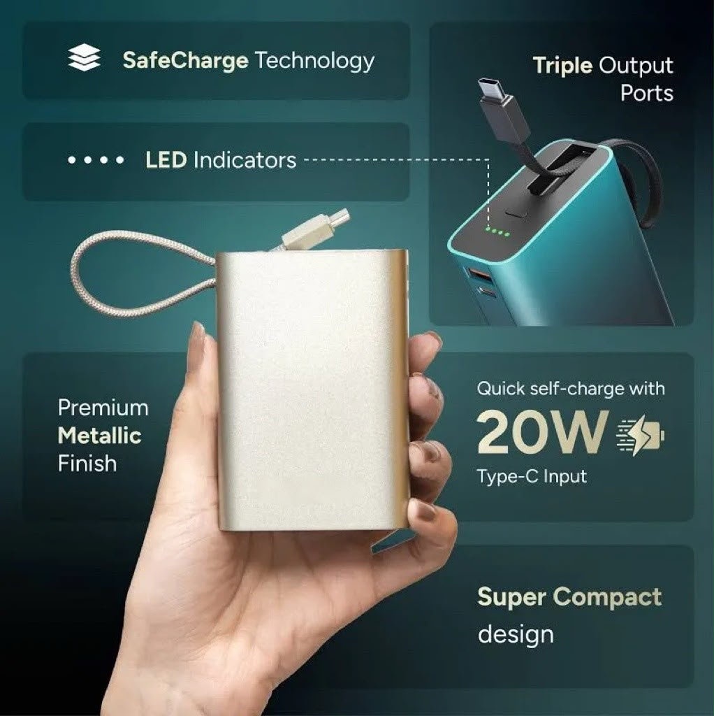 MiniCharge 20 – 20,000mAh Mini Power Bank with Built-in Type-C Cable, 22.5W Fast Charging & PD Output - Image 2